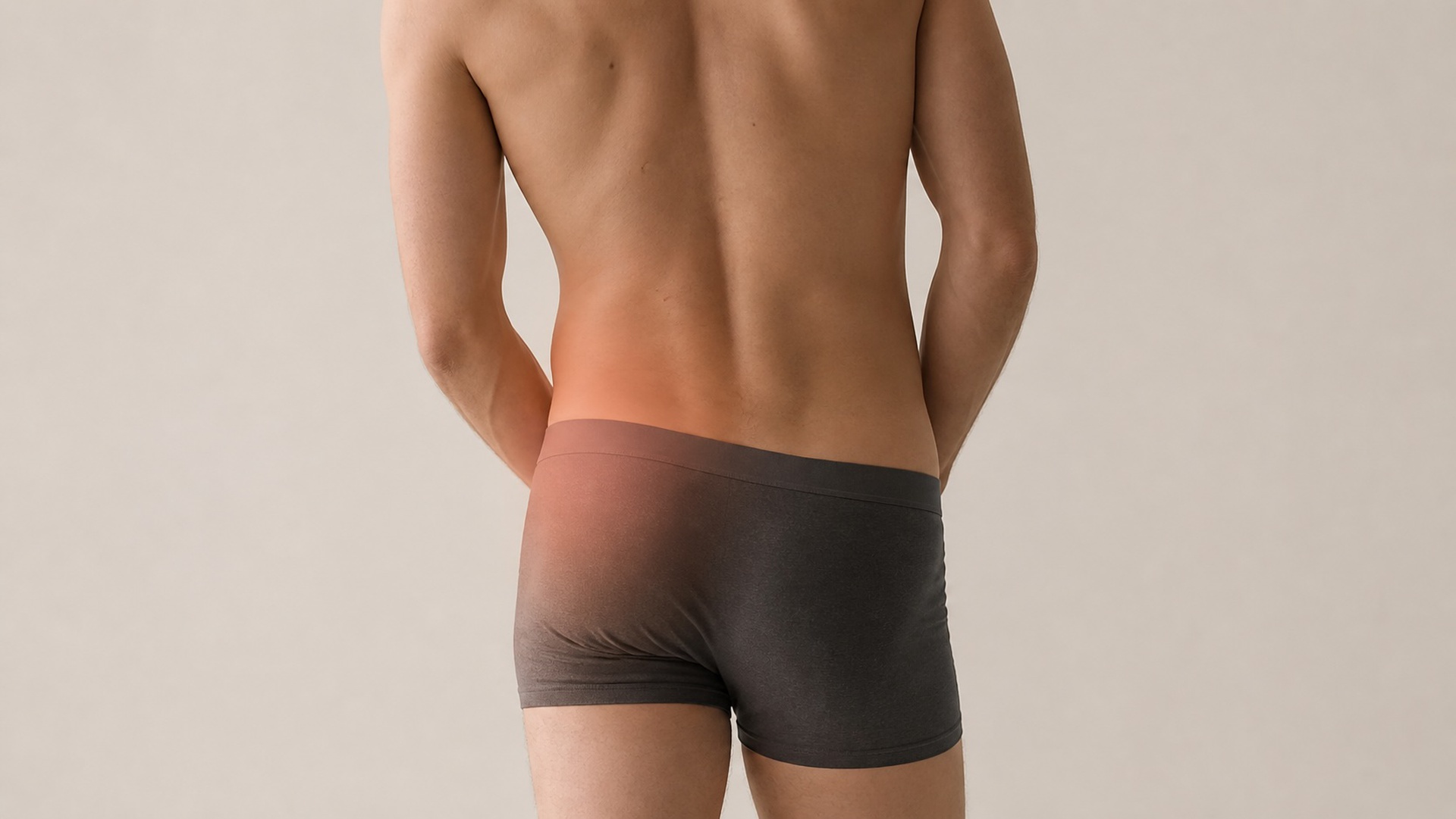 Man with subtle hip shift and soft asymmetry, illustrating how hip movement patterns may influence lower back tension in a calm clinical style.