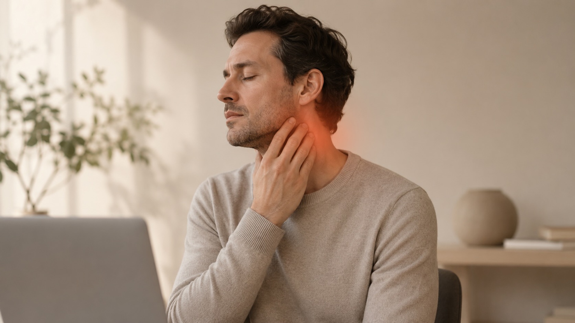 Person sitting at desk with subtle jaw and neck tension illustration in calm clinical style