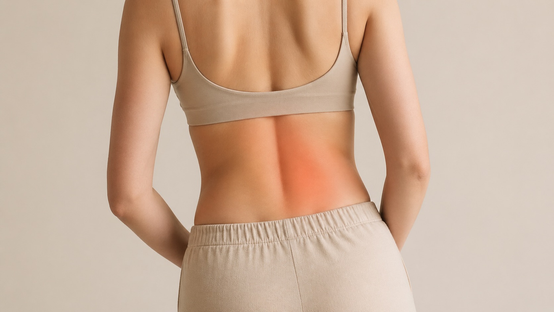 Person gently shifting weight with slight torso rotation and subtle lower back overlay, representing natural daily movement and reduced tension buildup